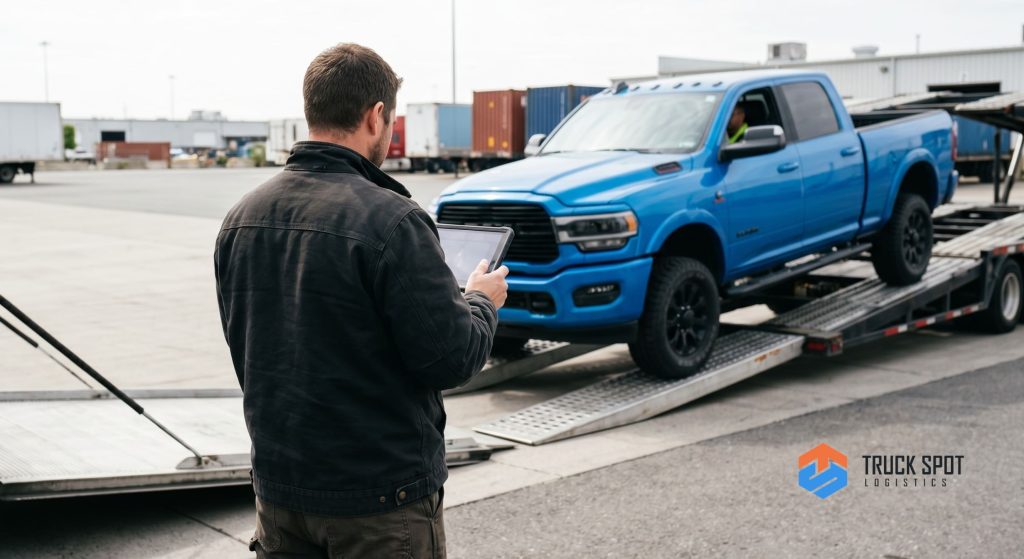 Expedited Car Shipping When You Need Your Vehicle Fast (2) A transport professional coordinating a priority vehicle pickup at a logistics hub.