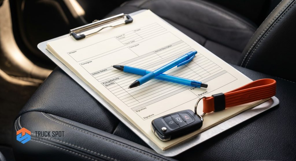 Expedited Car Shipping When You Need Your Vehicle Fast (4) Close-up of professional auto transport documentation and vehicle keys.