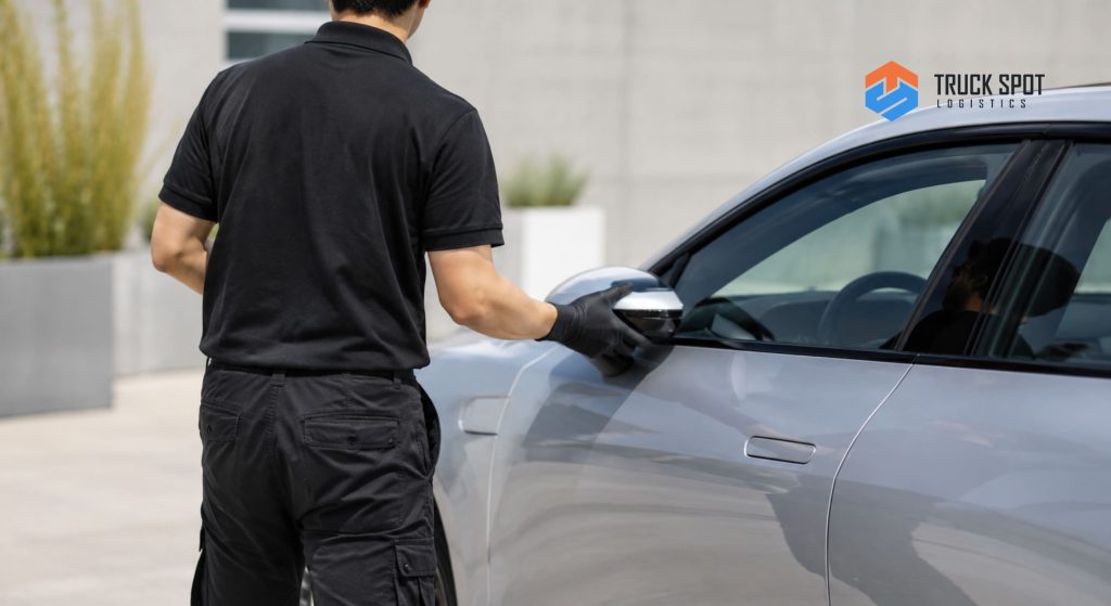 Expedited Car Shipping When You Need Your Vehicle Fast (8) Preparing a white American SUV for expedited transport by folding side mirrors and clearing the exterior.