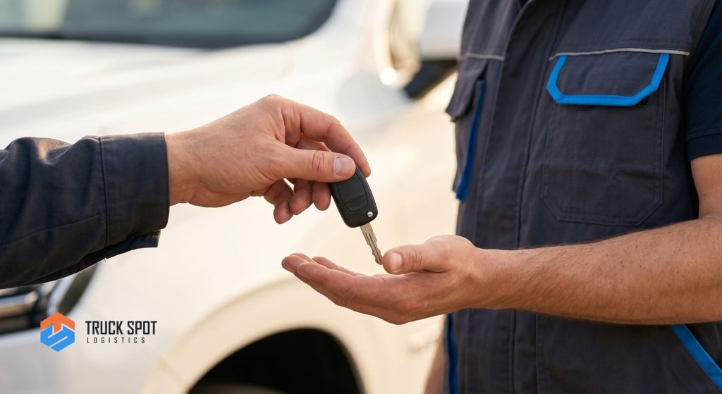 TSL How to Ship a Car You Bought Online (3) Handing over keys to a transport carrier driver during an out-of-state vehicle purchase pickup.