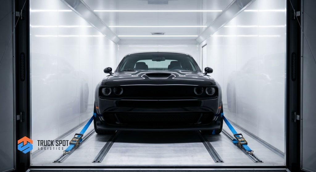 TSL How to Ship a Car You Bought Online (6) A premium American muscle car protected inside an enclosed transport trailer with professional tie-down straps.