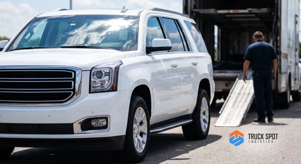 TSL How to Ship a Car You Bought Online (8) Final inspection of a successfully delivered American SUV in a bright outdoor setting.