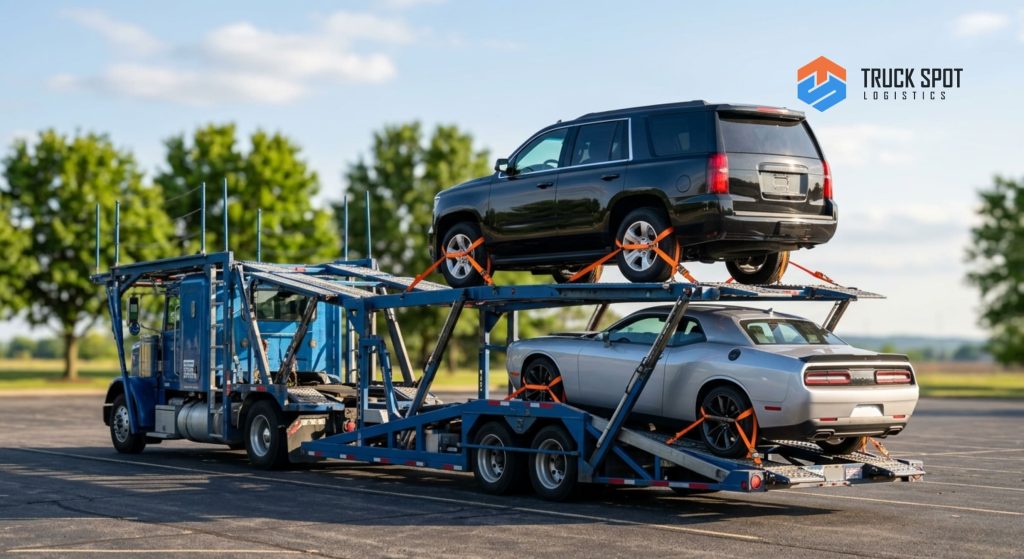 TSL How to Ship a Car to Another State 2026 Moving Guide (4) Multiple American vehicles, including an SUV and a muscle car, loaded onto a single transport trailer for a household move.