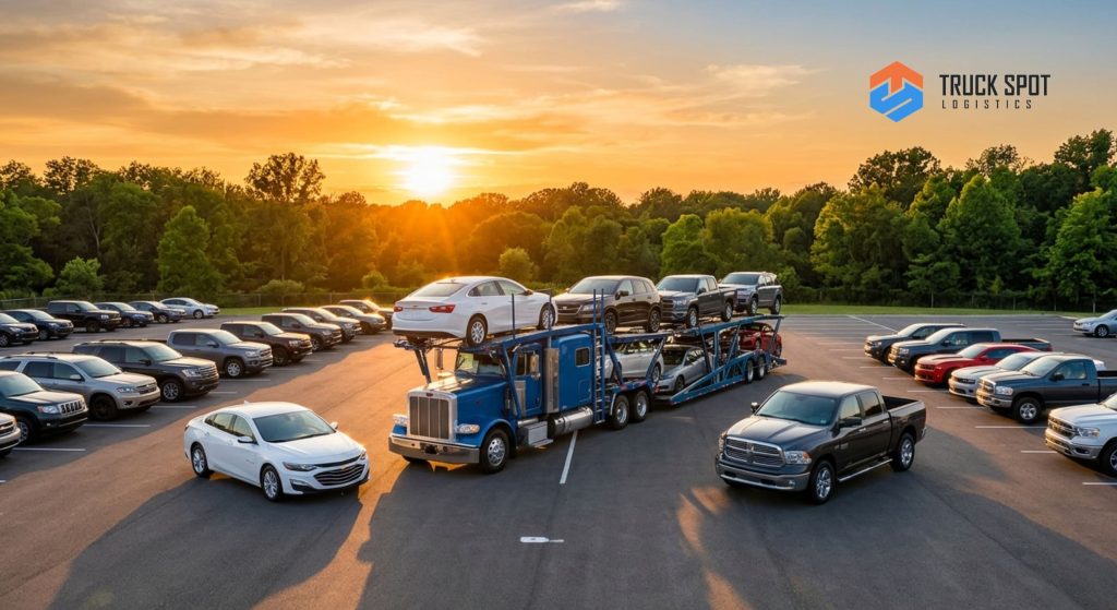 TSL How to Ship a Car to Another State 2026 Moving Guide (5) Professional auto transport logistics hub with various American vehicles ready for interstate shipping.