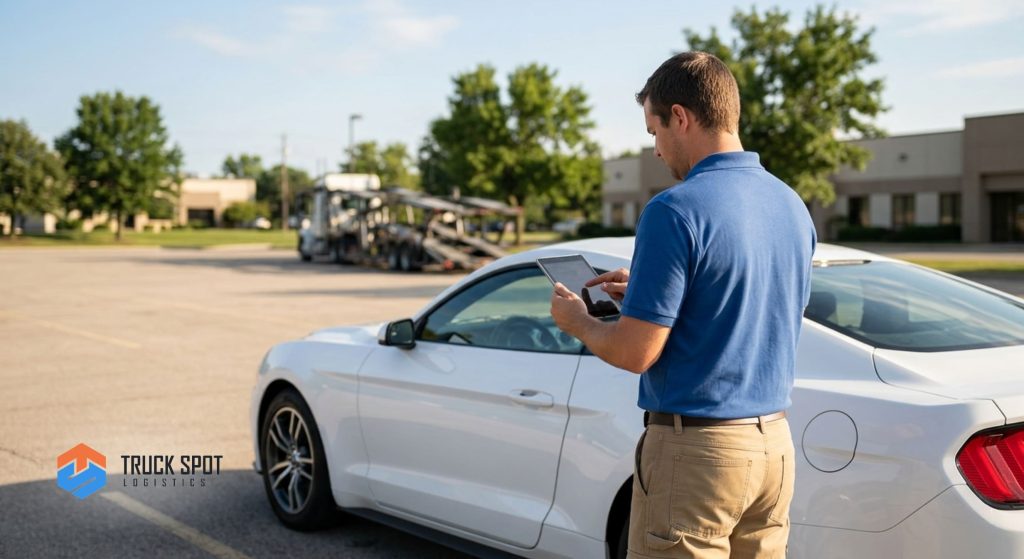 TSL How to Ship a Car to Another State 2026 Moving Guide (6) Vehicle inspection process during pickup for interstate car shipping, ensuring safety and documentation.