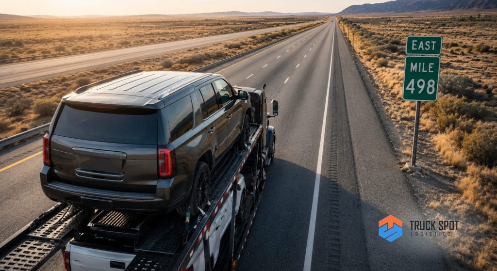TSL How to Ship a Car to Another State 2026 Moving Guide (8) Modern American SUV being transported on a carrier trailer to avoid high mileage during a long-distance move.