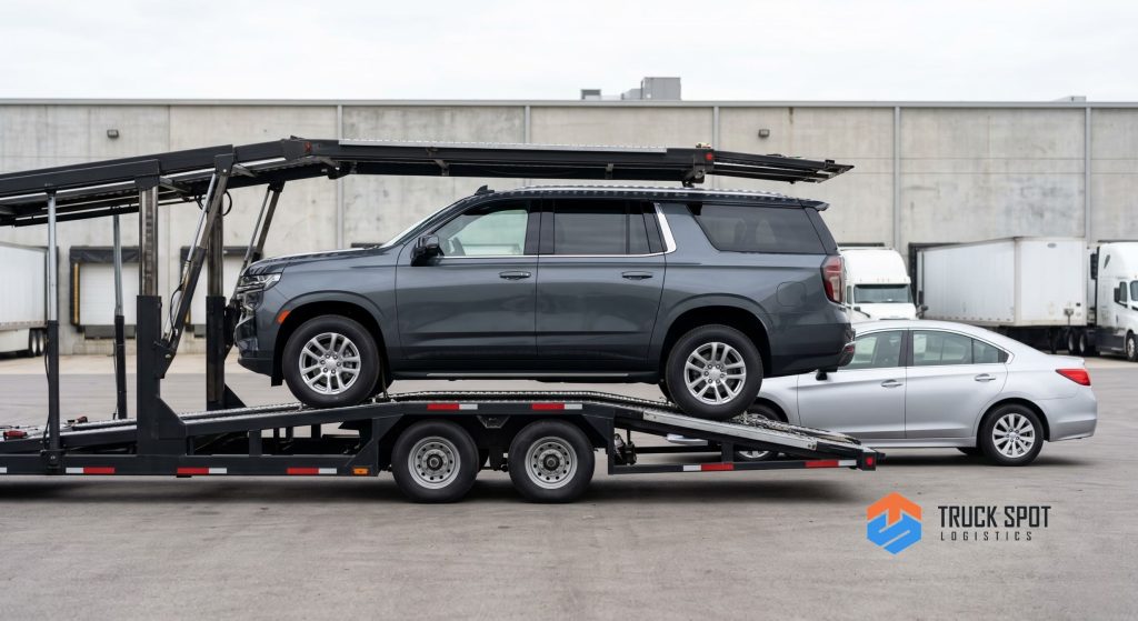 TSL How Much Does It Cost to Ship an SUV or Truck (3) Comparison of trailer space occupancy between a full-size SUV and a standard sedan on an open hauler.