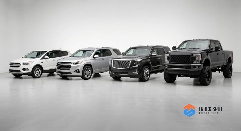 TSL How Much Does It Cost to Ship an SUV or Truck (6) A visual guide of different SUV categories from compact crossovers to full-size luxury SUVs for shipping quotes.
