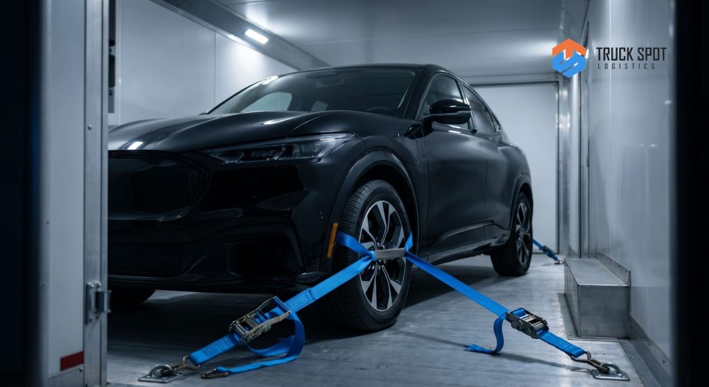 TSL How Much Does It Cost to Ship an SUV or Truck (8) Premium American luxury vehicle secured inside an enclosed transport trailer for maximum protection.