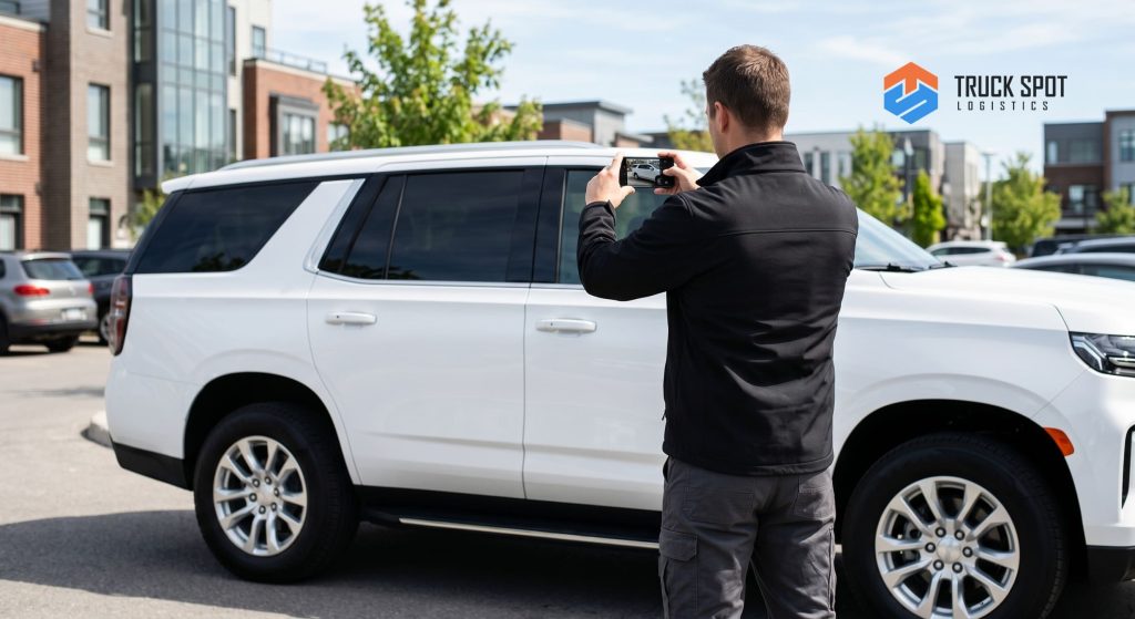 TSL How Much Does It Cost to Ship an SUV or Truck (9) Owner preparing an SUV for transport by folding mirrors and documenting vehicle condition.