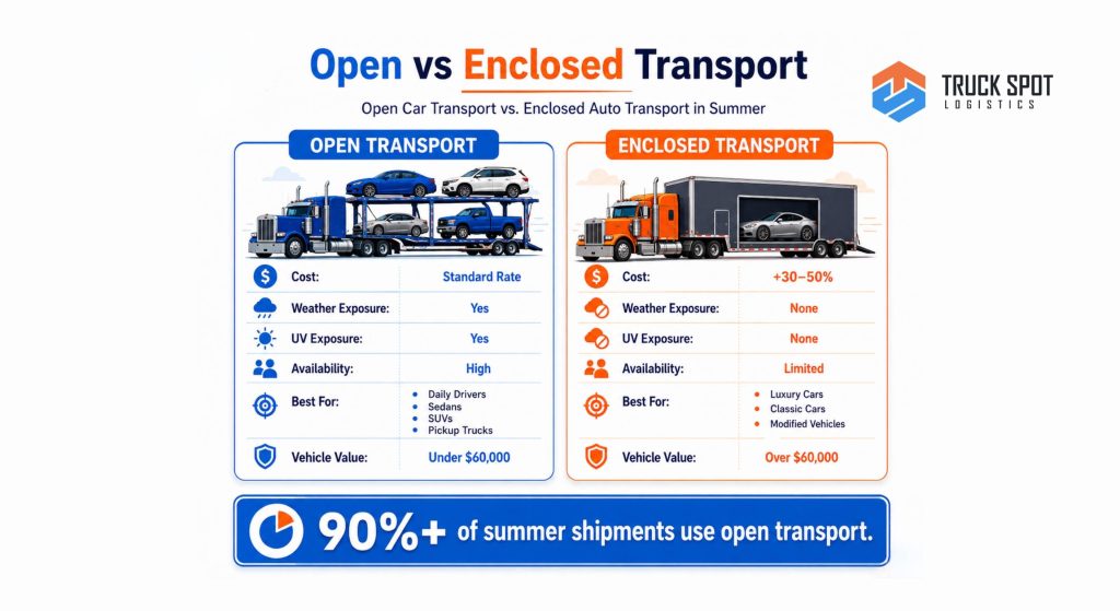TSL Illustrations for Blog Articles - 45 Comparison between open and enclosed car shipping.