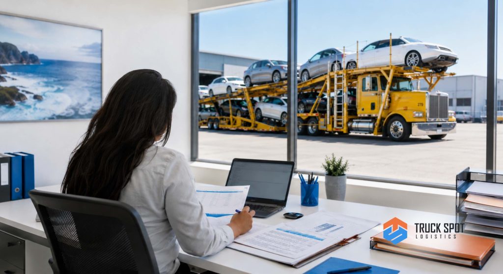 TSL Illustrations for Blog Articles - 48 Dispatch coordinator booking vehicle transport several weeks before pickup during the summer season.