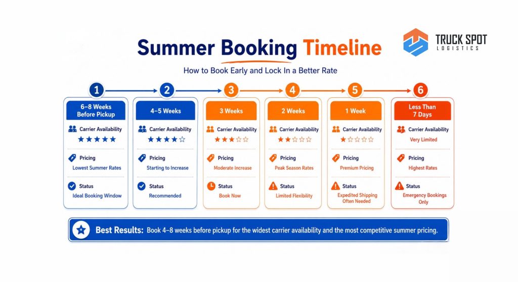 TSL Illustrations for Blog Articles - 49 Recommended booking timeline for summer vehicle transport to secure better pricing and carrier availability.
