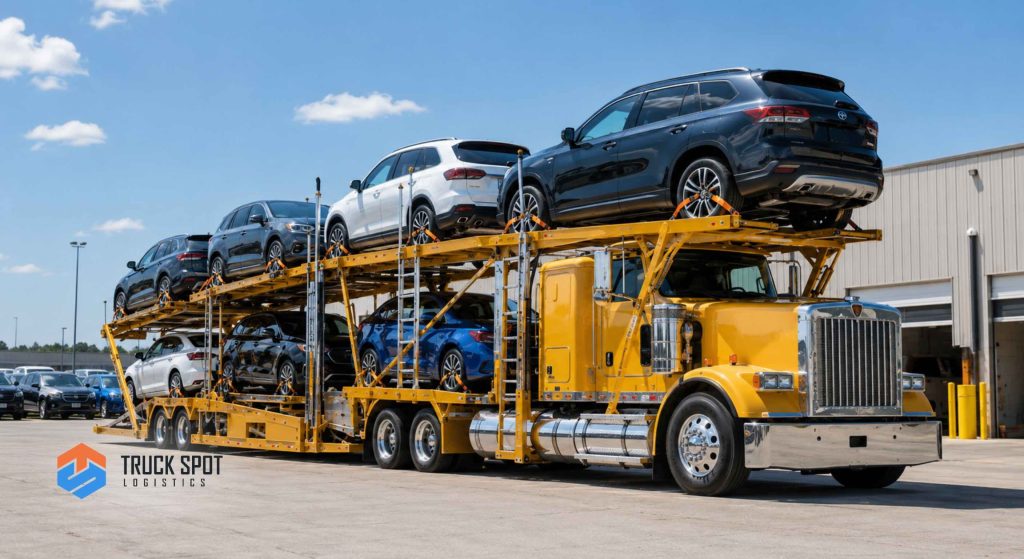 TSL Illustrations for Blog Articles - 50 Fully loaded car hauler departing with multiple vehicles for long-distance transport.