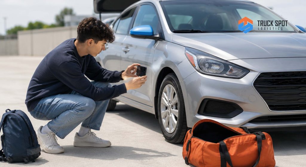 TSL Illustrations for Blog Articles - 36 College student photographing car before shipping, documenting vehicle condition