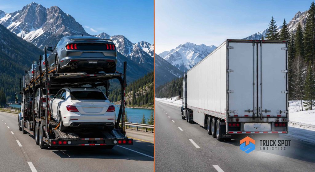 TSL Illustrations for Blog Articles - 37 Side-by-side comparison of open and enclosed car transport trailers