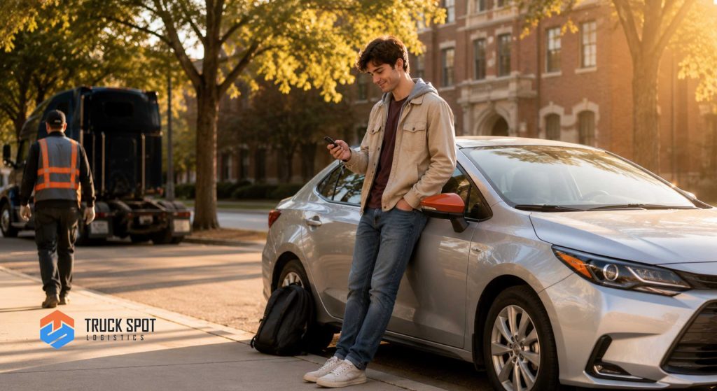 TSL Illustrations for Blog Articles - 39 College student receiving car keys after successful vehicle delivery near university campus