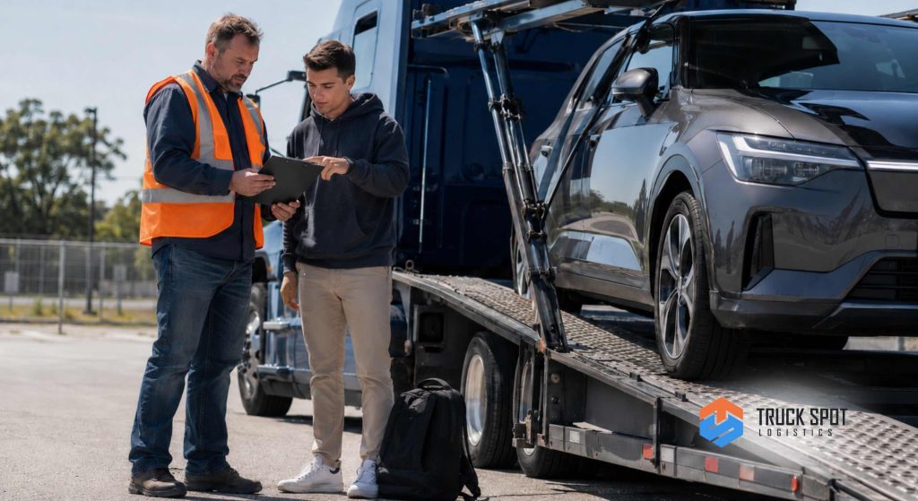 TSL Illustrations for Blog Articles - 40 Driver and student reviewing and signing the Bill of Lading document at vehicle pickup