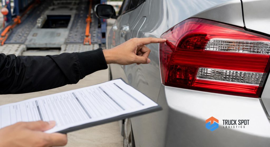 TSL Illustrations for Blog Articles - 41 Person inspecting vehicle body condition with checklist document before auto transport