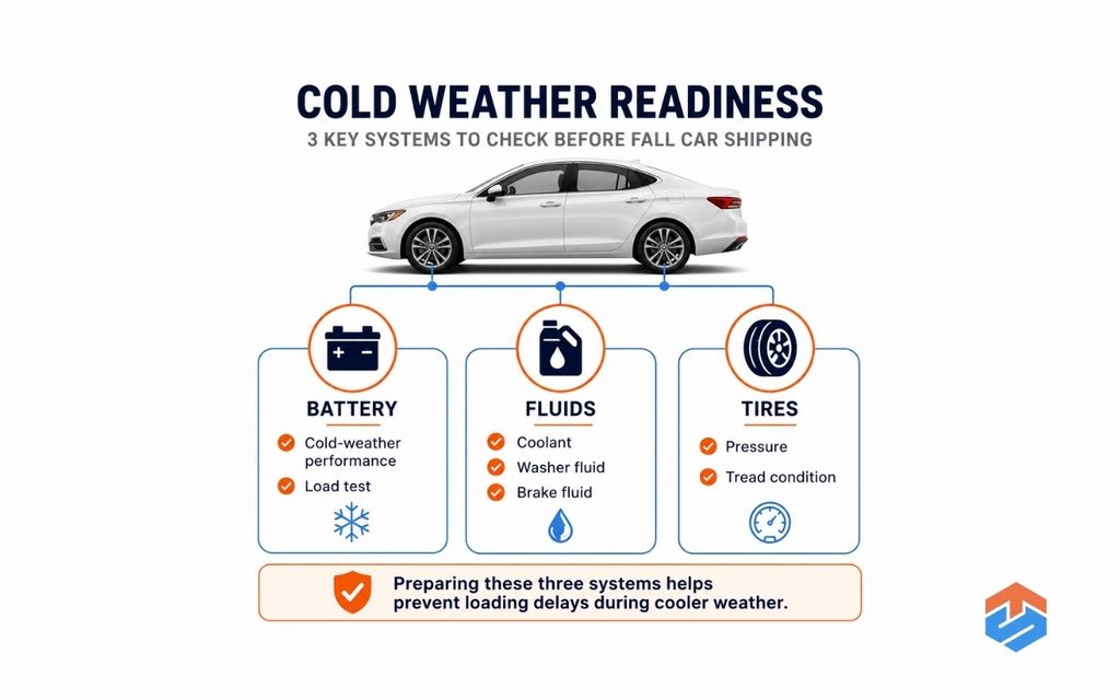 TSL Illustrations for Blog Articles - 63 Infographic showing the three most important vehicle systems to inspect before fall car shipping.