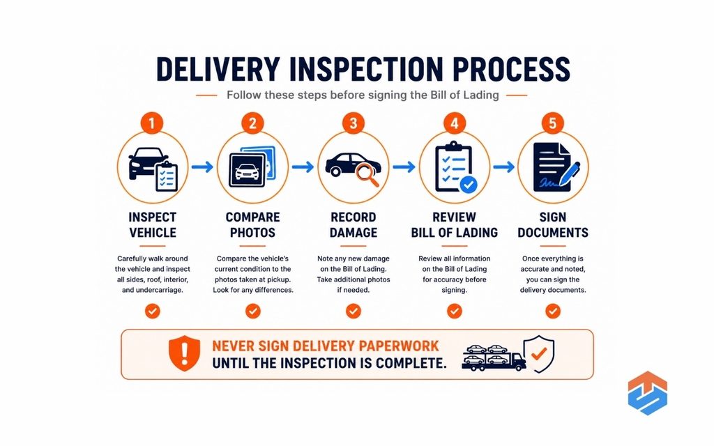 TSL Illustrations for Blog Articles - 66 Infographic explaining the delivery inspection process before signing the Bill of Lading.