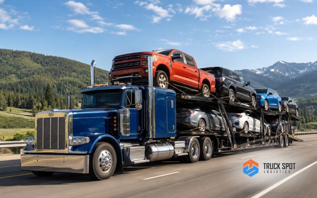 TSL Illustrations for Blog Articles - 54 American auto transport truck traveling on an interstate highway during a long-distance relocation.