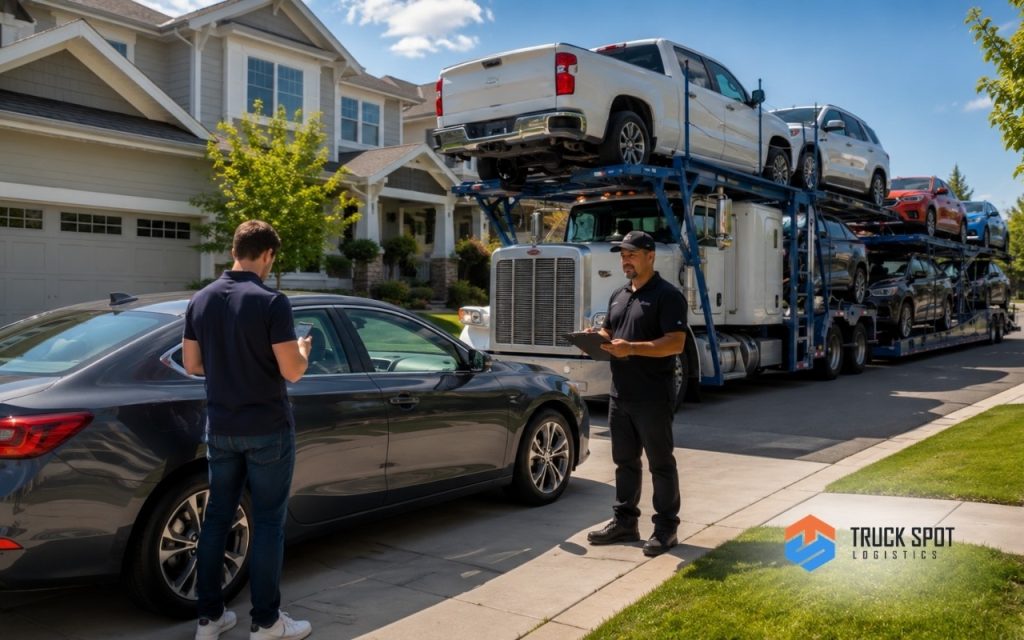 TSL Illustrations for Blog Articles - 58 Customer inspecting a vehicle during delivery after long-distance auto transport.