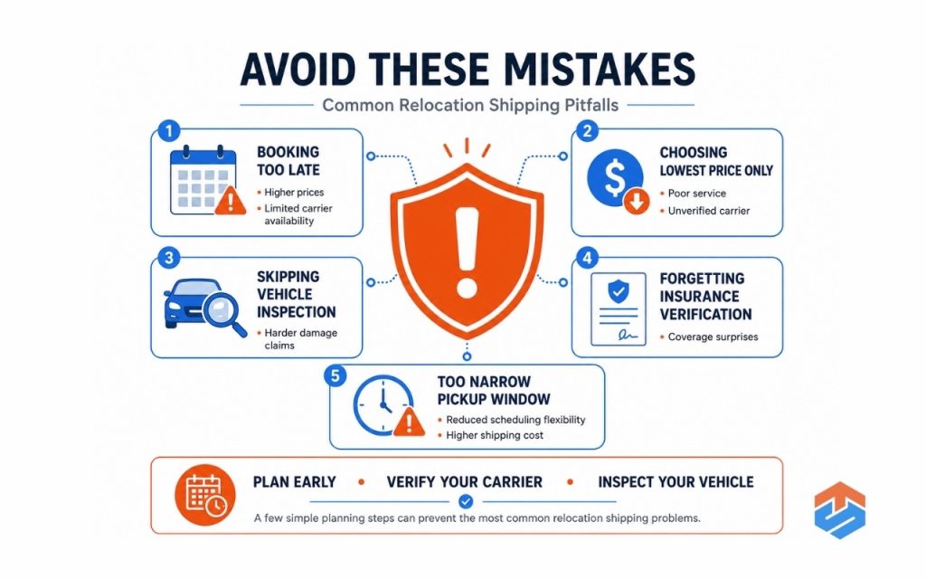TSL Illustrations for Blog Articles - 59 Infographic showing the most common mistakes people make when shipping a car during a work relocation.