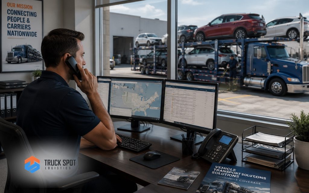 TSL Illustrations for Blog Articles - 77 Auto transport broker coordinating vehicle shipments from a logistics office while a car carrier prepares vehicles for transport outside.