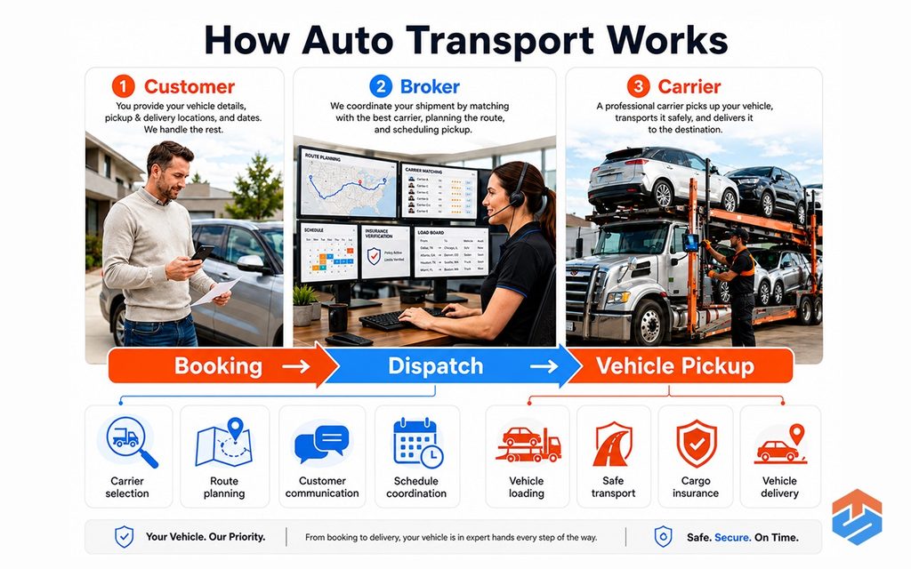 TSL - Broker vs Carrier – Who Actually Moves Your Vehicle_ 2 Infographic showing how customers, brokers, and carriers work together during vehicle transport.