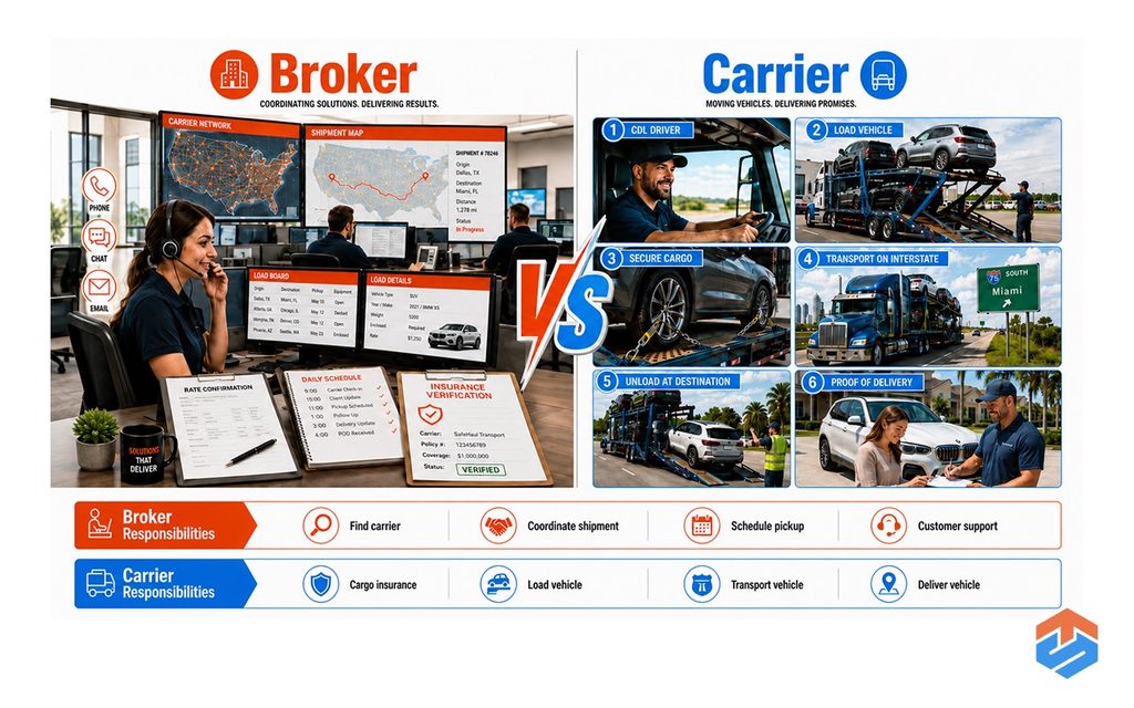 TSL - Broker vs Carrier – Who Actually Moves Your Vehicle_ 4 Comparison infographic showing the differences between an auto transport broker and a carrier.