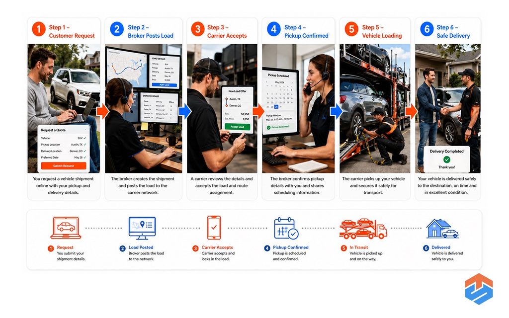 TSL - Broker vs Carrier – Who Actually Moves Your Vehicle_ 5 Step-by-step infographic showing the broker-to-carrier vehicle shipping process.
