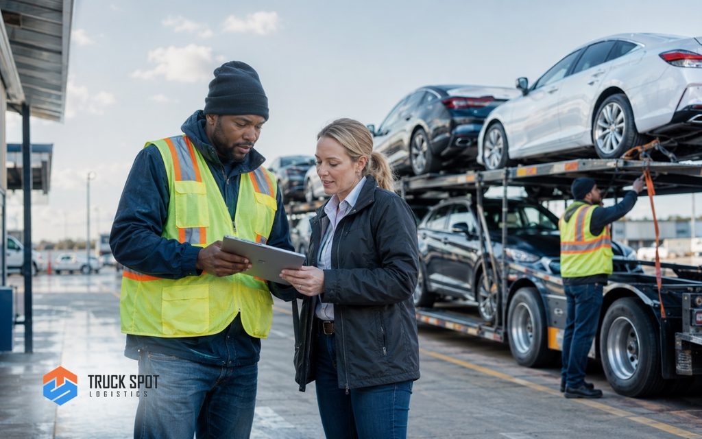 TSL Illustrations for Blog Articles - 83 Logistics coordinator and car carrier driver completing shipment paperwork before vehicle transport begins.