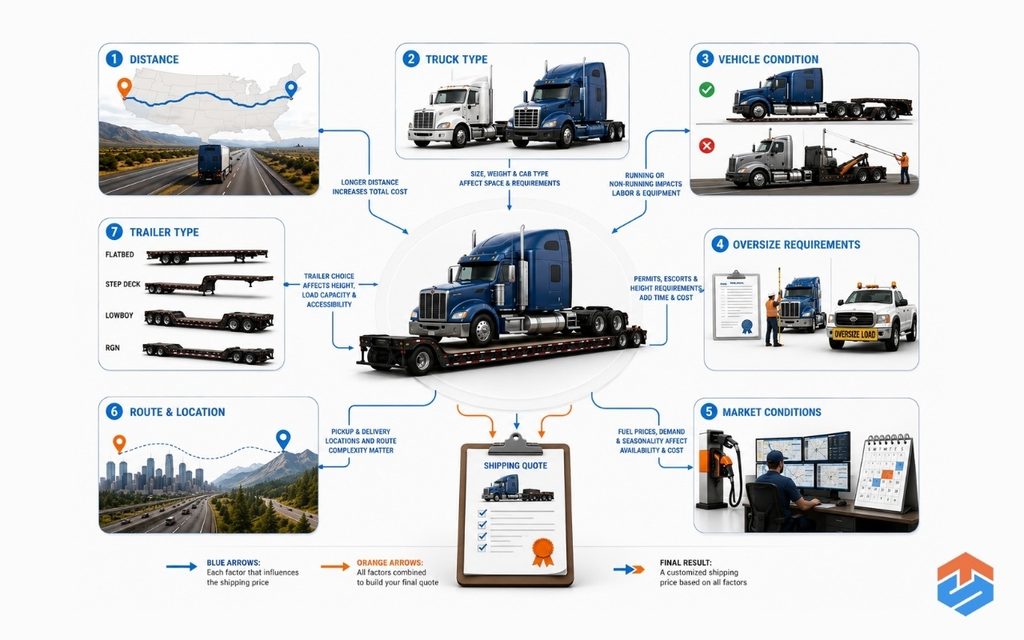 TSL Illustrations for Blog Articles - 73 Infographic illustrating the main factors that determine semi truck shipping costs.