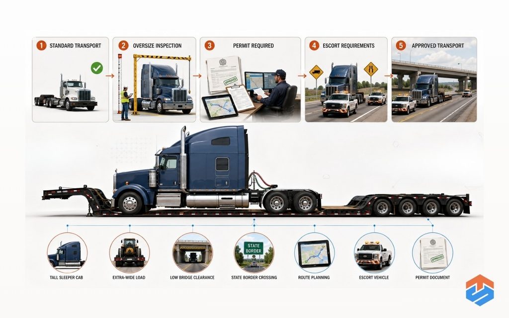 TSL Illustrations for Blog Articles - 74 Infographic explaining when semi truck transport requires oversize permits and escort vehicles.