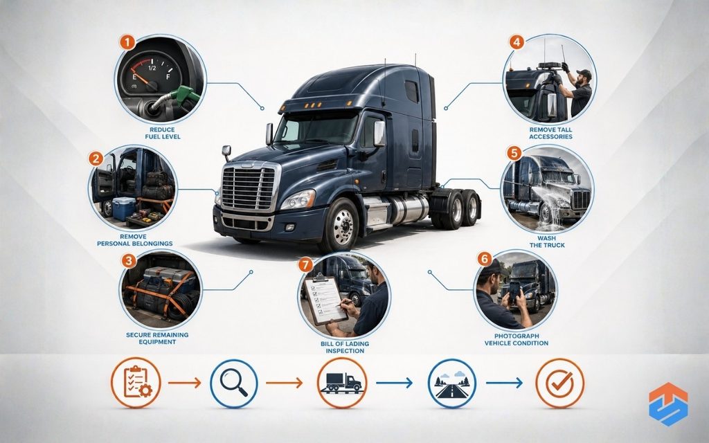 TSL Illustrations for Blog Articles - 75 Checklist infographic showing how to prepare a semi truck before transport.