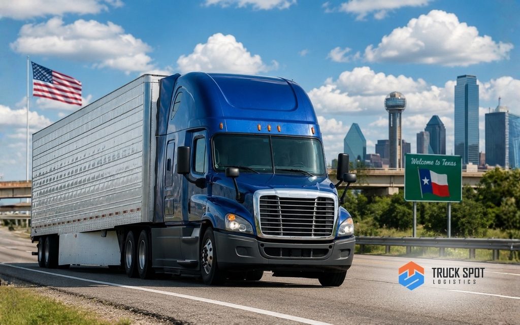TSL Illustrations for Blog Articles - 76 Professional heavy-haul truck transporting a semi truck on a U.S. interstate highway.