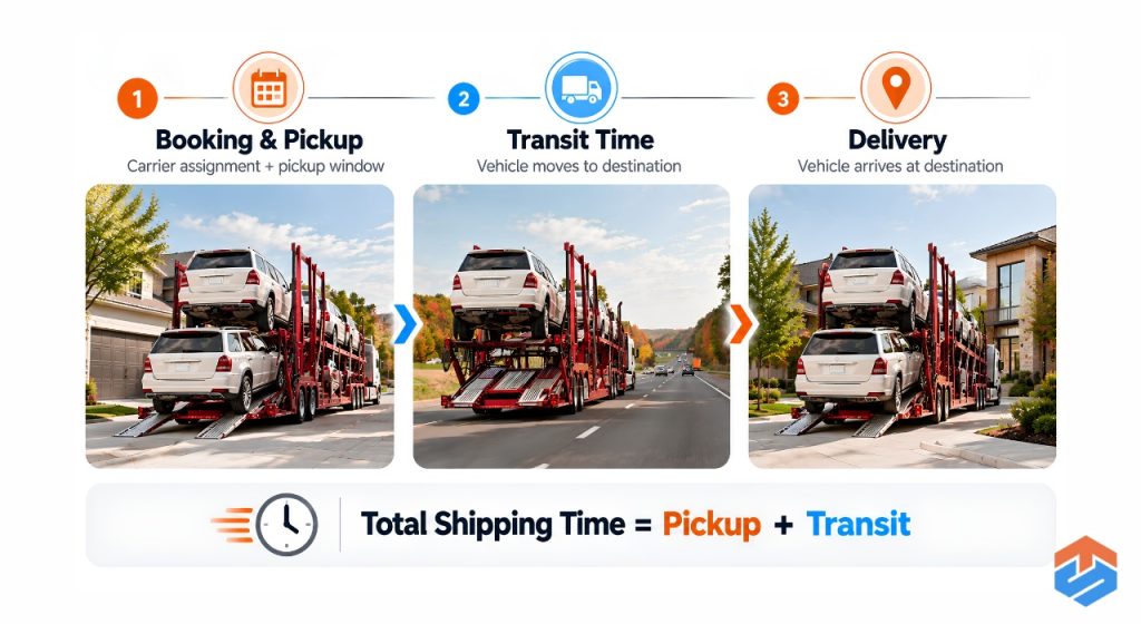TSL Illustrations for Blog Articles - 94 Infographic showing booking, pickup, transit and delivery stages of car shipping time.