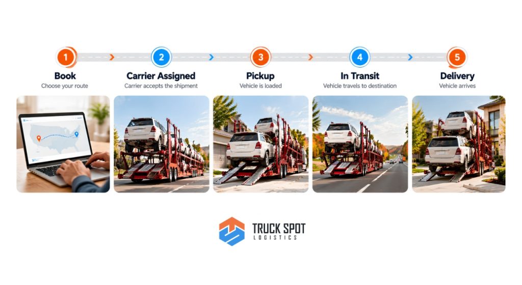 TSL Illustrations for Blog Articles - 95 Car shipping timeline from booking and carrier assignment to pickup, transit and delivery.