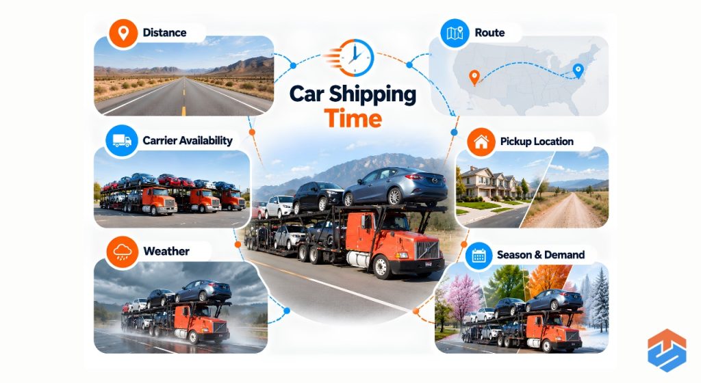 TSL Illustrations for Blog Articles - 96 Infographic showing six factors that affect how long car shipping takes.