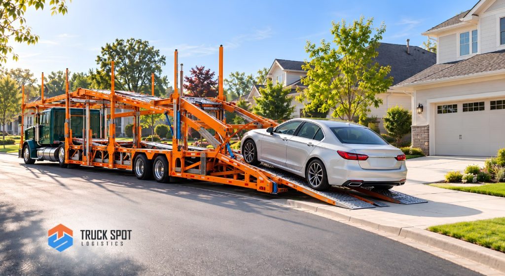 TSL Illustrations for Blog Articles - 97 A car carrier is preparing to pick up a car from a residential area.