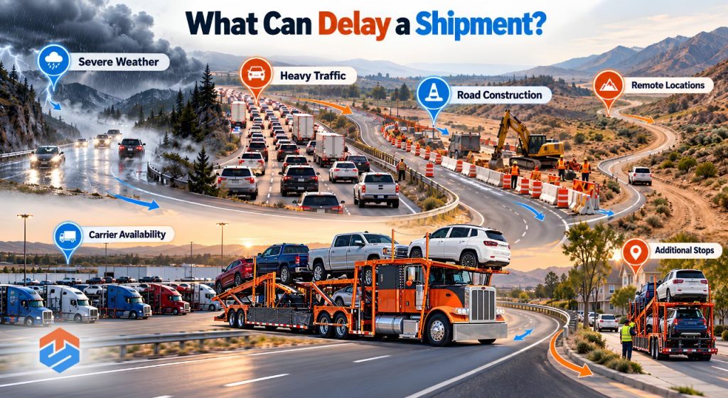 TSL Illustrations for Blog Articles - 98 Infographic showing common causes of delays in car shipping.
