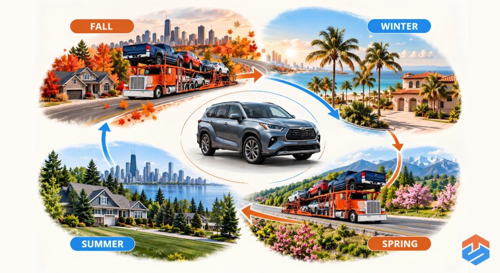 TSL Illustrations for Blog Articles - 85 Snowbird car shipping cycle showing a vehicle traveling south in fall, staying in the South during winter, returning north in spring, and remaining there through summer.