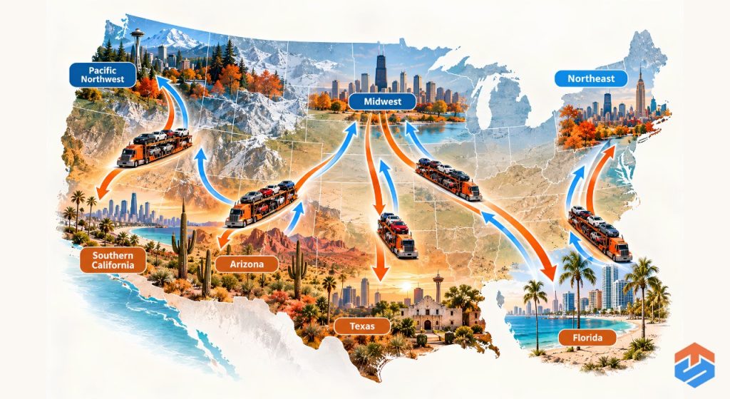 TSL Illustrations for Blog Articles - 86 Map of major snowbird car shipping routes from the Northeast, Midwest, and western states to Florida, Arizona, Texas, and Southern California.