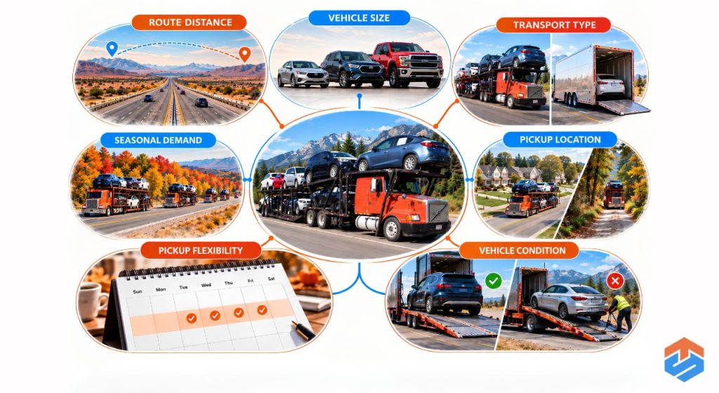 TSL Illustrations for Blog Articles - 87 Infographic showing the main factors affecting snowbird car shipping costs, including distance, vehicle size, transport type, season, location, pickup flexibility, and vehicle condition.