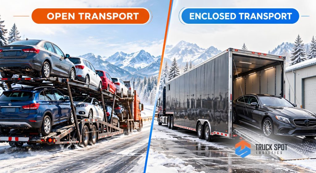 TSL Illustrations for Blog Articles - 88 Comparison of open and enclosed auto transport showing everyday vehicles on an open carrier and a luxury vehicle inside an enclosed transport trailer.