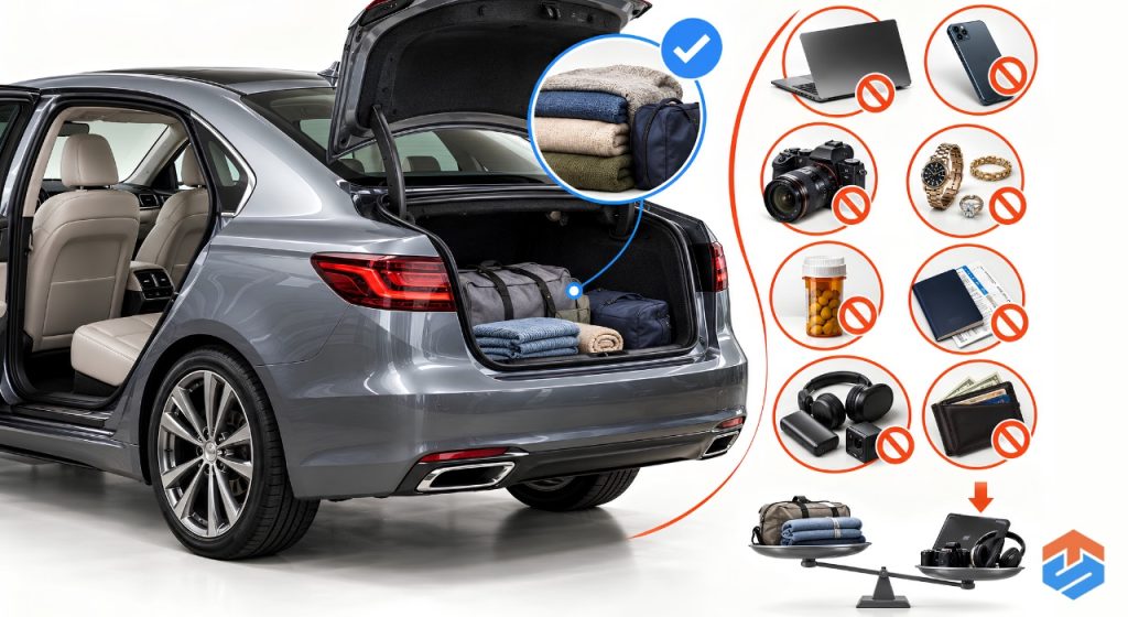 TSL Illustrations for Blog Articles - 91 Infographic showing soft personal belongings that may be packed in a vehicle during auto transport and valuable items that should be removed before shipping.